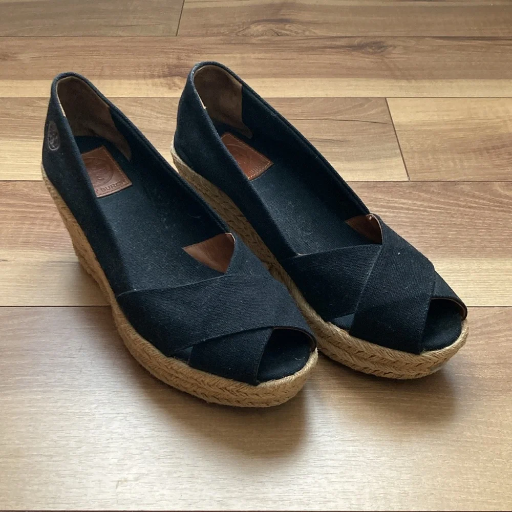 Tory Burch Black Filipa Wedge Espadrilles.